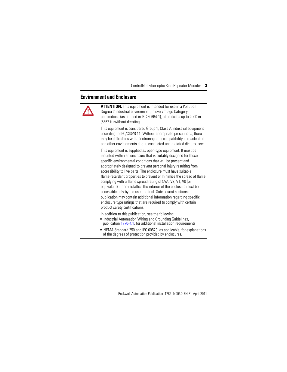 Environment and enclosure | Rockwell Automation 1786-RPFRXL ControlNet Fiber Ring Modules Installation Instructions User Manual | Page 3 / 40