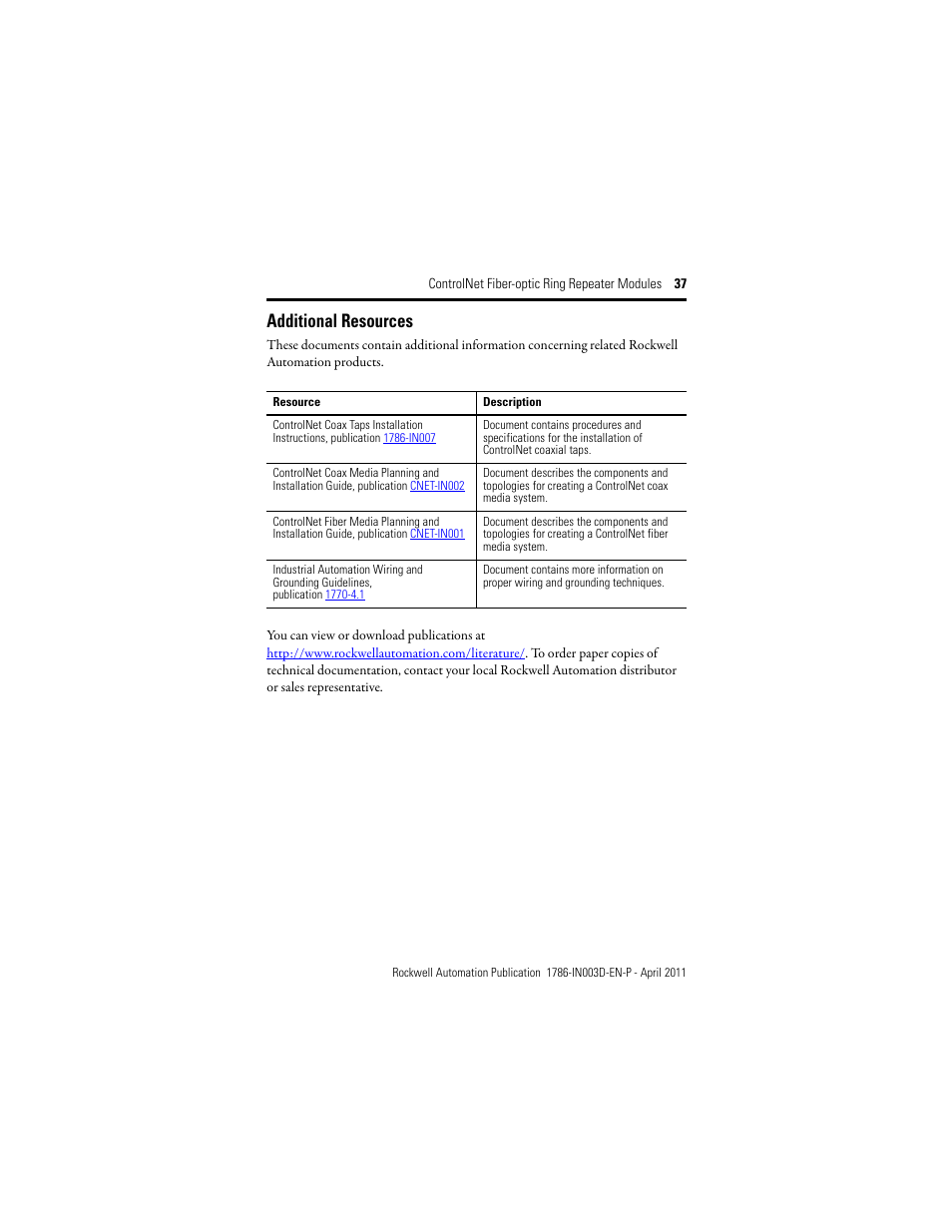 Additional resources | Rockwell Automation 1786-RPFRXL ControlNet Fiber Ring Modules Installation Instructions User Manual | Page 37 / 40