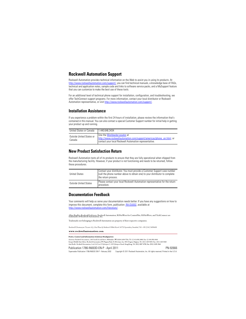 Back cover, Rockwell automation support, Installation assistance | New product satisfaction return, Documentation feedback | Rockwell Automation 1786-RPFRXL ControlNet Fiber Ring Modules Installation Instructions User Manual | Page 40 / 40