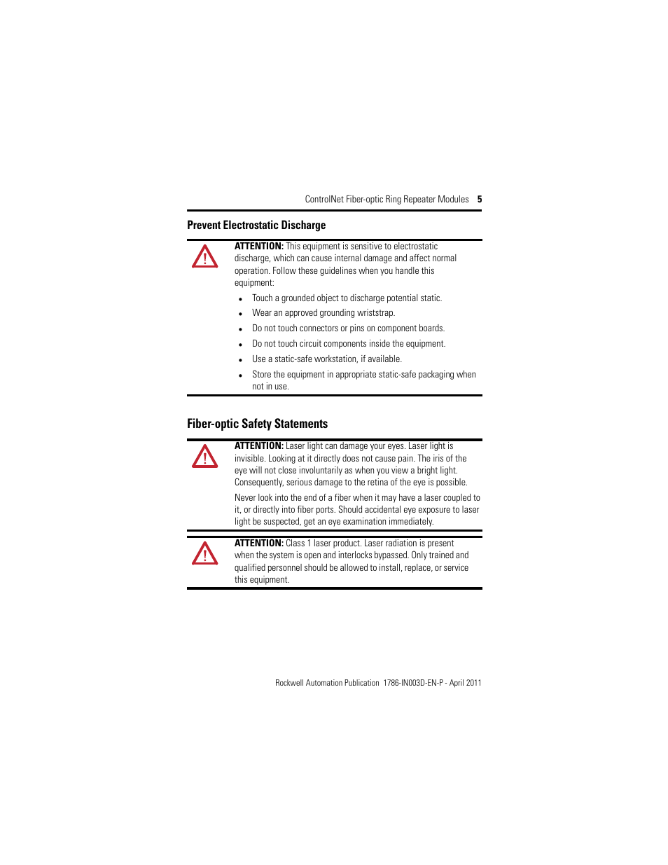 Fiber-optic safety statements | Rockwell Automation 1786-RPFRXL ControlNet Fiber Ring Modules Installation Instructions User Manual | Page 5 / 40
