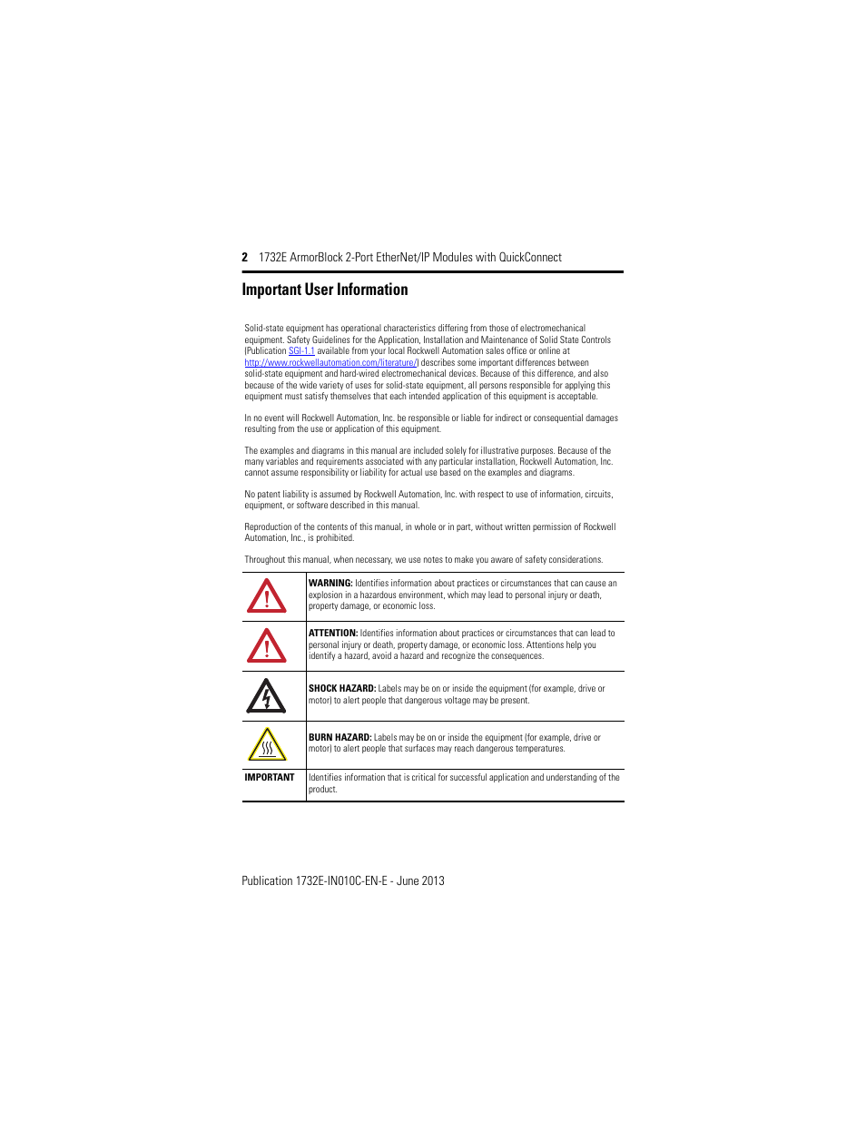 Important user information | Rockwell Automation 1732E-XXXX ArmorBlock 2-Port EtherNet/IP Modules with QuickConnect User Manual | Page 2 / 24