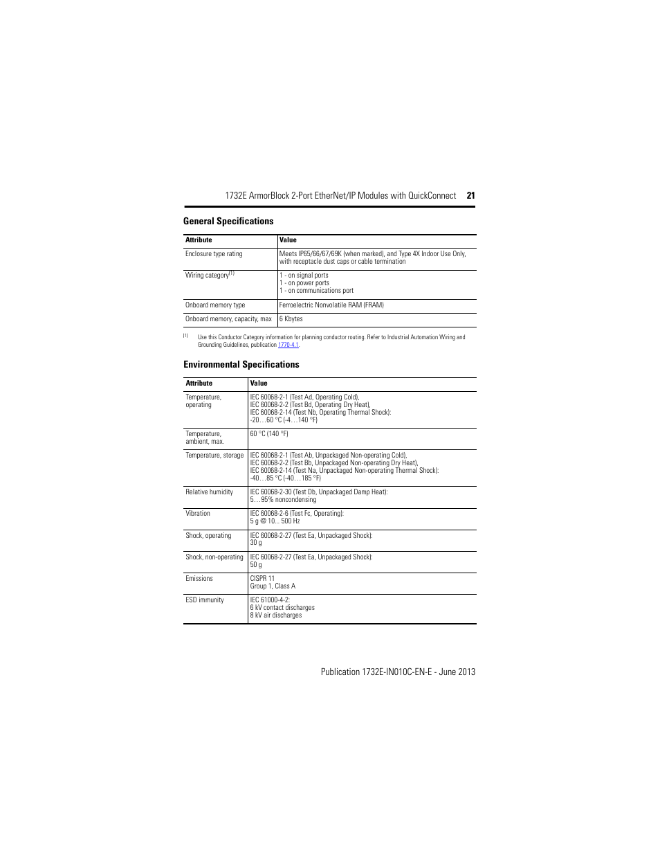 Environmental specifications, General specifications | Rockwell Automation 1732E-XXXX ArmorBlock 2-Port EtherNet/IP Modules with QuickConnect User Manual | Page 21 / 24