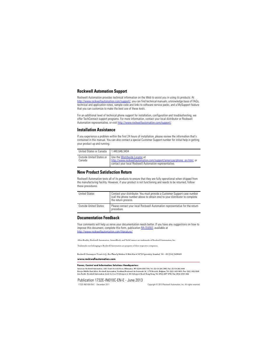 Back cover, Rockwell automation support, Installation assistance | New product satisfaction return, Documentation feedback | Rockwell Automation 1732E-XXXX ArmorBlock 2-Port EtherNet/IP Modules with QuickConnect User Manual | Page 24 / 24