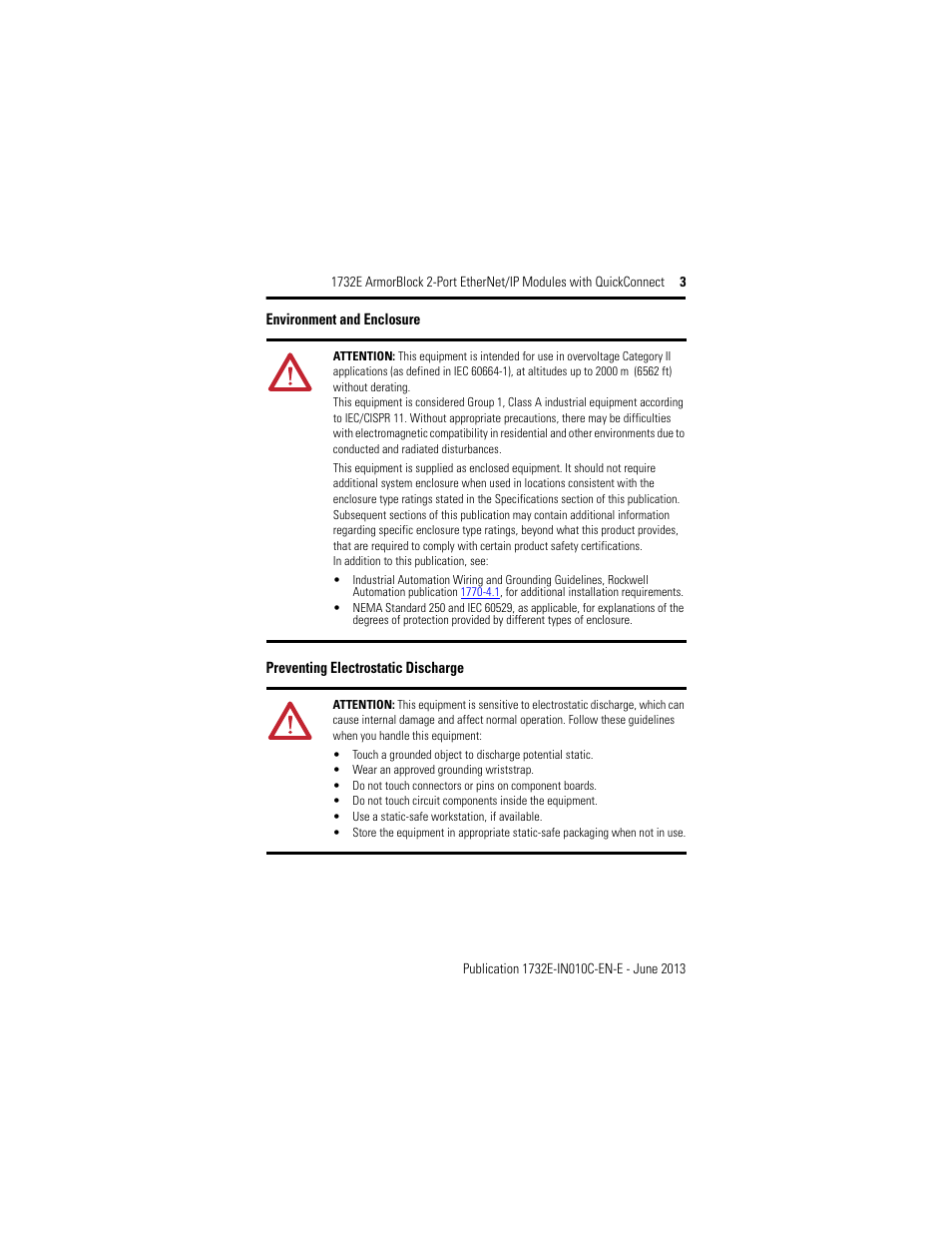 Environment and enclosure, Preventing electrostatic discharge | Rockwell Automation 1732E-XXXX ArmorBlock 2-Port EtherNet/IP Modules with QuickConnect User Manual | Page 3 / 24
