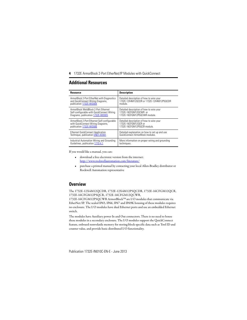 Additional resources, Overview | Rockwell Automation 1732E-XXXX ArmorBlock 2-Port EtherNet/IP Modules with QuickConnect User Manual | Page 4 / 24