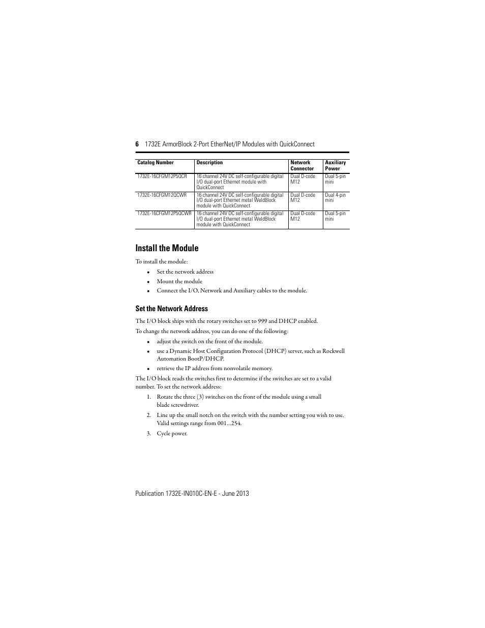 Install the module, Set the network address | Rockwell Automation 1732E-XXXX ArmorBlock 2-Port EtherNet/IP Modules with QuickConnect User Manual | Page 6 / 24