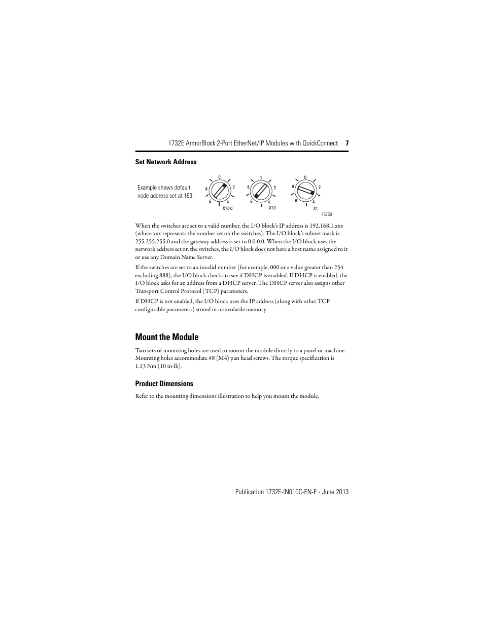 Mount the module, Product dimensions | Rockwell Automation 1732E-XXXX ArmorBlock 2-Port EtherNet/IP Modules with QuickConnect User Manual | Page 7 / 24