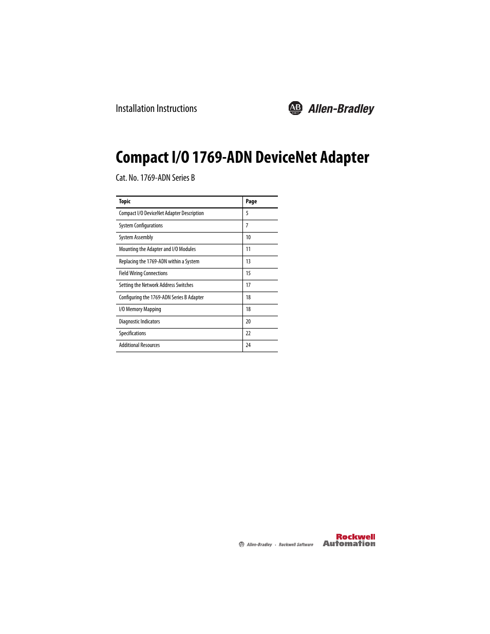 Rockwell Automation 1769-ADN Compact I/O DeviceNet Adapter User Manual | 28 pages