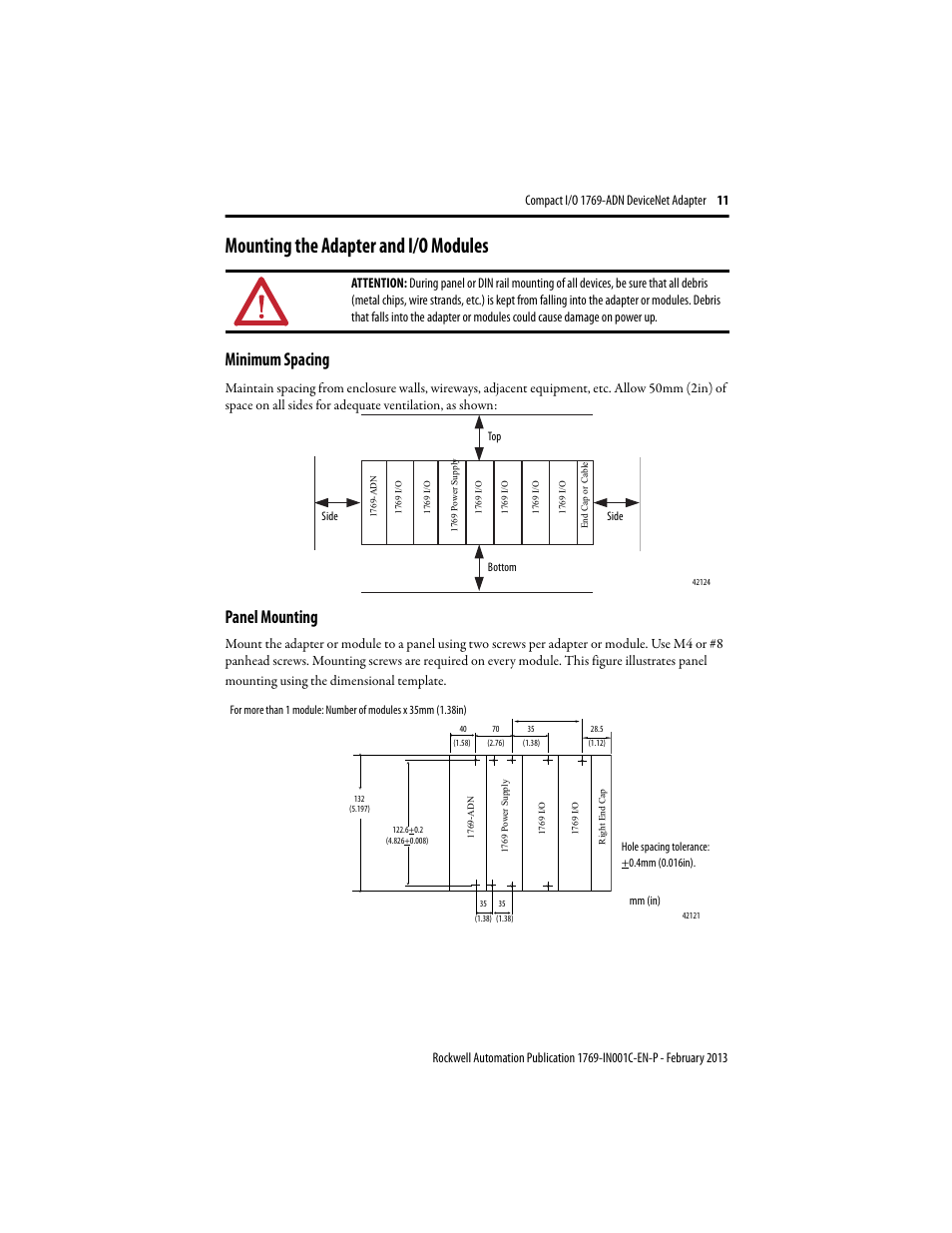 Mounting the adapter and i/o modules, Mini mum spacing, Panel mounting | Minimum spacing | Rockwell Automation 1769-ADN Compact I/O DeviceNet Adapter User Manual | Page 11 / 28