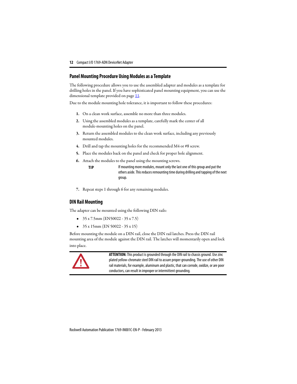 Din rail mounting, Din rail mounting on | Rockwell Automation 1769-ADN Compact I/O DeviceNet Adapter User Manual | Page 12 / 28