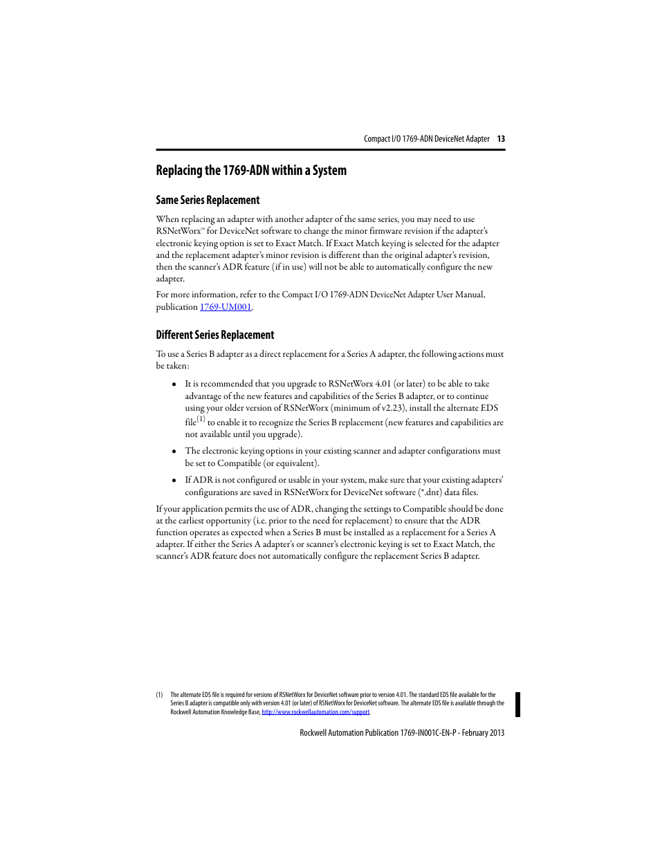 Replacing the 1769-adn within a system, Same series replacement, Different series replacement | Replacing the 1769-adn within a | Rockwell Automation 1769-ADN Compact I/O DeviceNet Adapter User Manual | Page 13 / 28