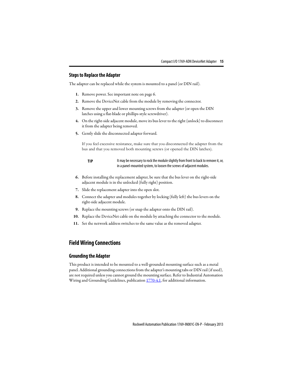 Steps to replace the adapter, Field wiring connections, Grounding the adapter | Rockwell Automation 1769-ADN Compact I/O DeviceNet Adapter User Manual | Page 15 / 28