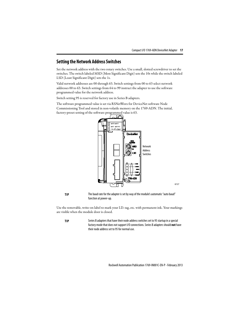 Setting the network address switches | Rockwell Automation 1769-ADN Compact I/O DeviceNet Adapter User Manual | Page 17 / 28