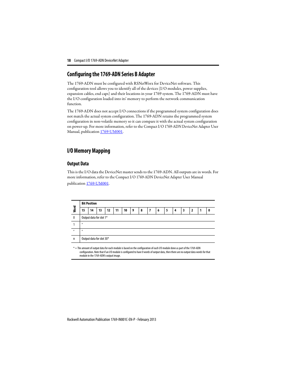 Configuring the 1769-adn series b adapter, I/o memory mapping, Output data | Rockwell Automation 1769-ADN Compact I/O DeviceNet Adapter User Manual | Page 18 / 28