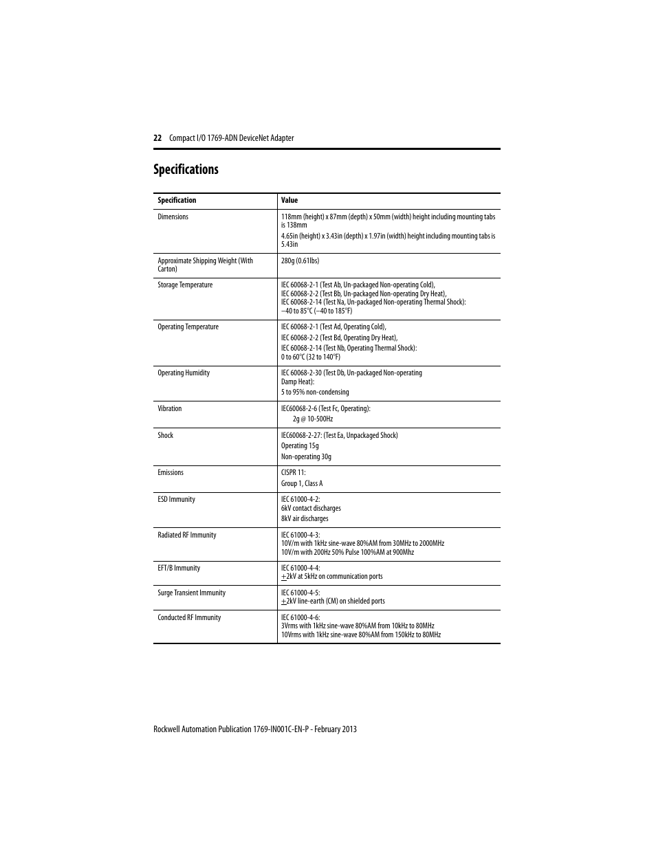 Specifications | Rockwell Automation 1769-ADN Compact I/O DeviceNet Adapter User Manual | Page 22 / 28
