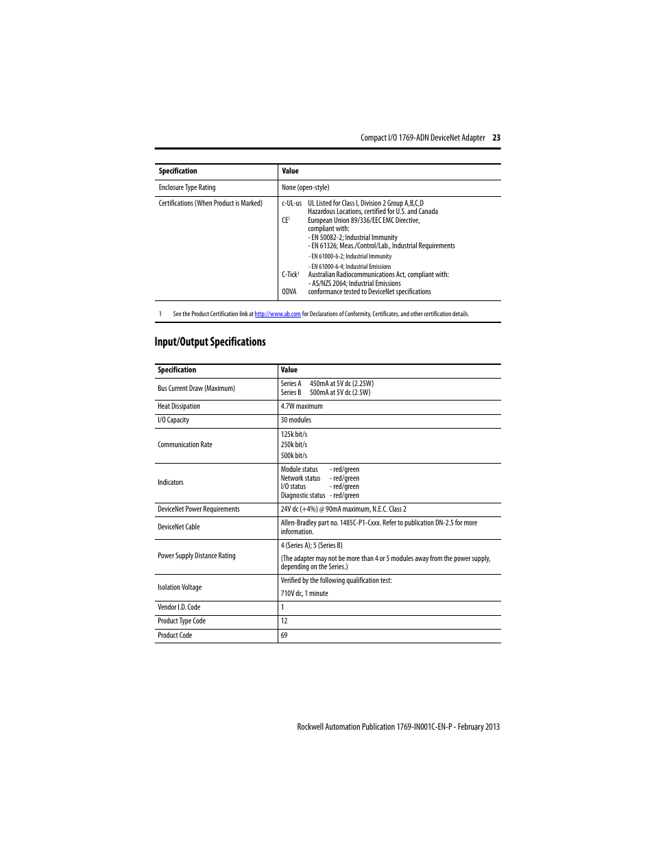 Input/output specifications | Rockwell Automation 1769-ADN Compact I/O DeviceNet Adapter User Manual | Page 23 / 28