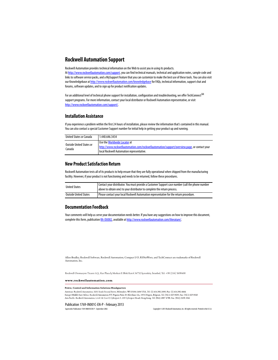 Back cover, Rockwell automation support, Installation assistance | New product satisfaction return, Documentation feedback | Rockwell Automation 1769-ADN Compact I/O DeviceNet Adapter User Manual | Page 28 / 28
