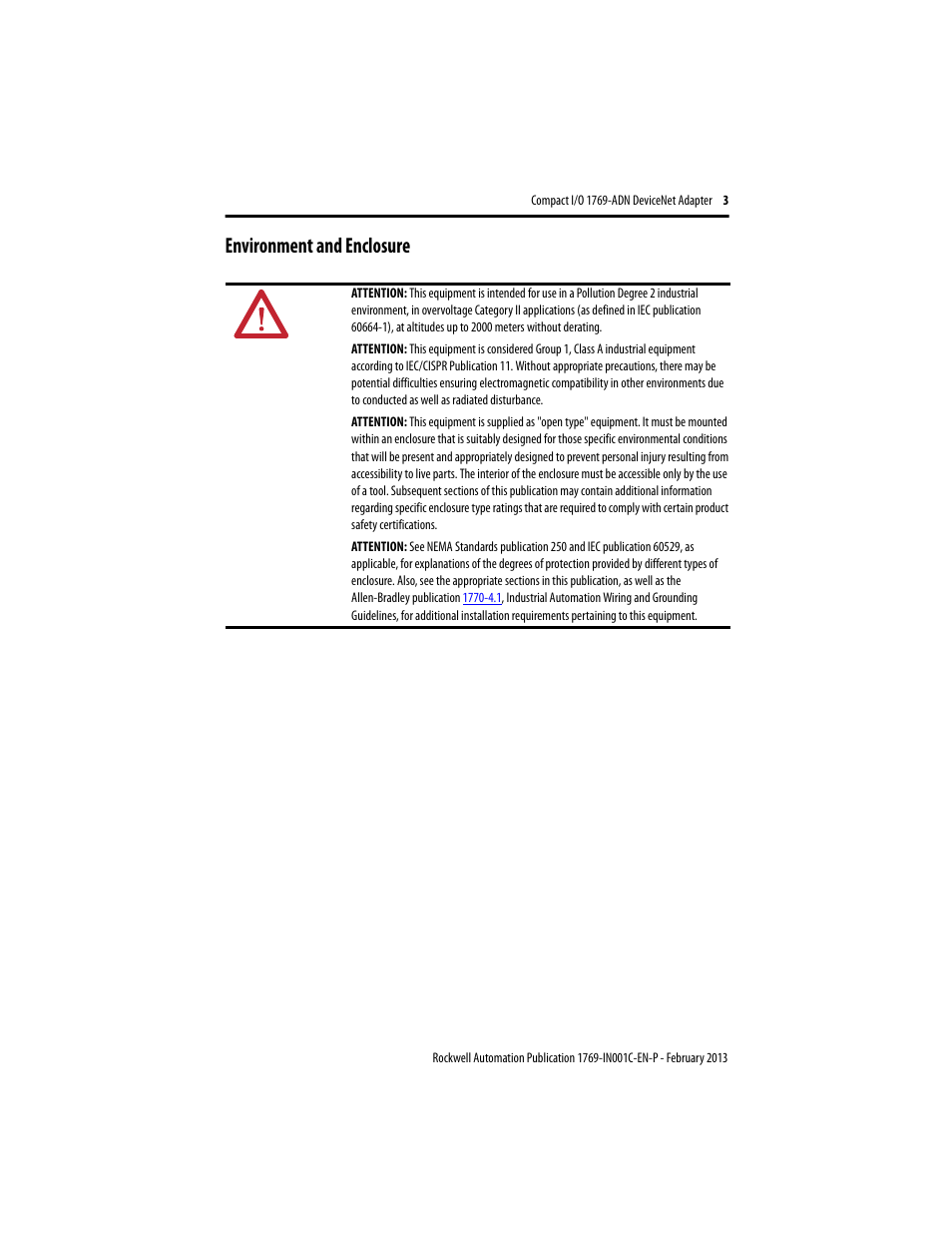 Environment and enclosure | Rockwell Automation 1769-ADN Compact I/O DeviceNet Adapter User Manual | Page 3 / 28