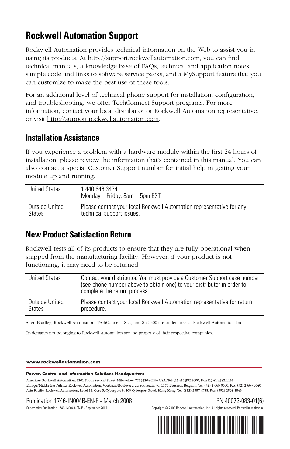 Back cover, Rockwell automation support, Installation assistance | New product satisfaction return | Rockwell Automation 1746-Px SLC 500 Power Supplies Installation Instructions User Manual | Page 20 / 20