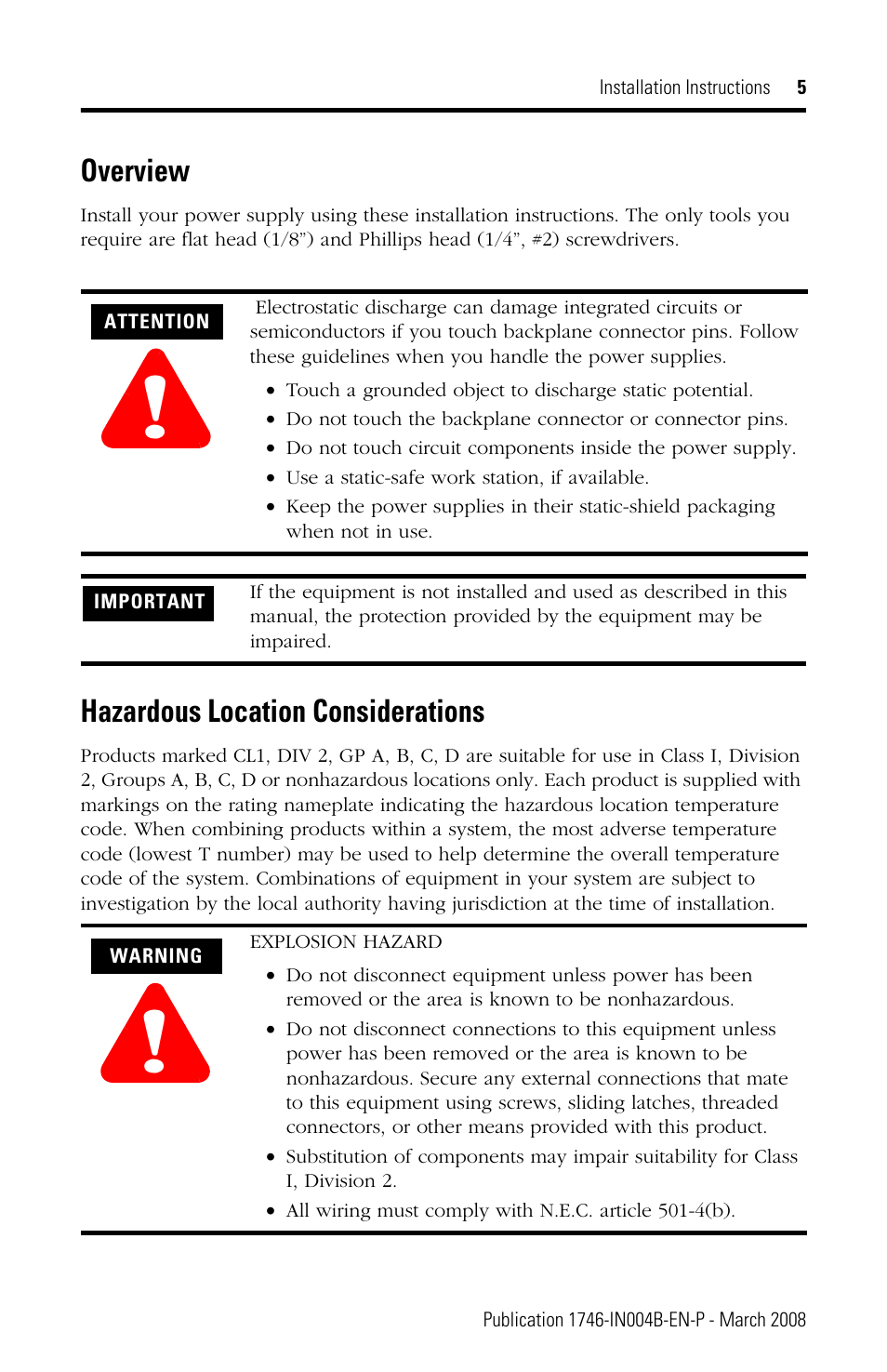 Overview, Hazardous location considerations | Rockwell Automation 1746-Px SLC 500 Power Supplies Installation Instructions User Manual | Page 5 / 20