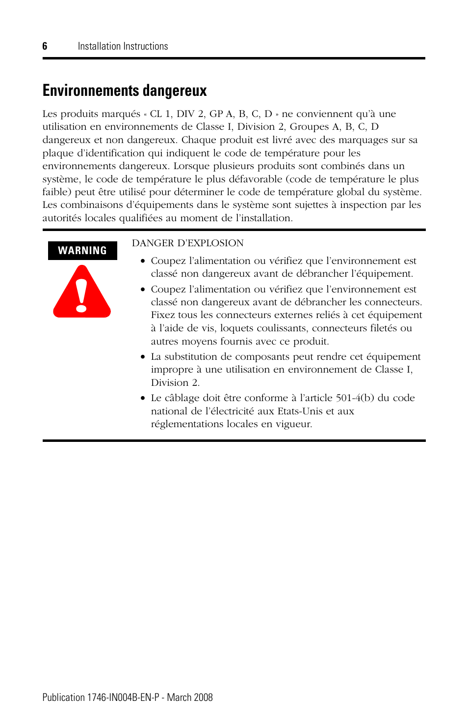 Environnements dangereux | Rockwell Automation 1746-Px SLC 500 Power Supplies Installation Instructions User Manual | Page 6 / 20