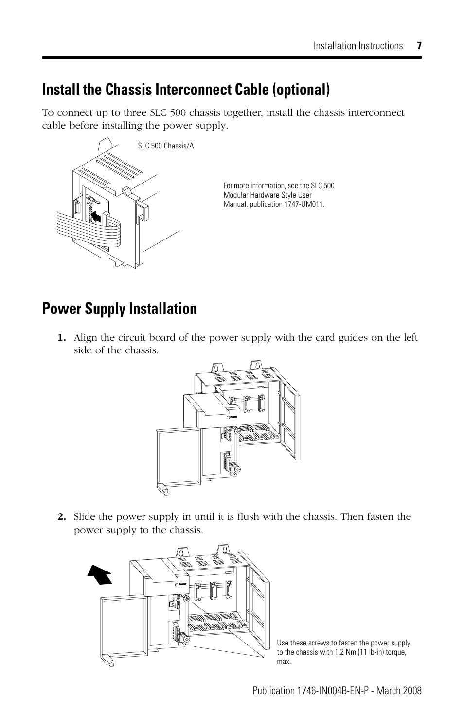 Install the chassis interconnect cable (optional), Power supply installation | Rockwell Automation 1746-Px SLC 500 Power Supplies Installation Instructions User Manual | Page 7 / 20