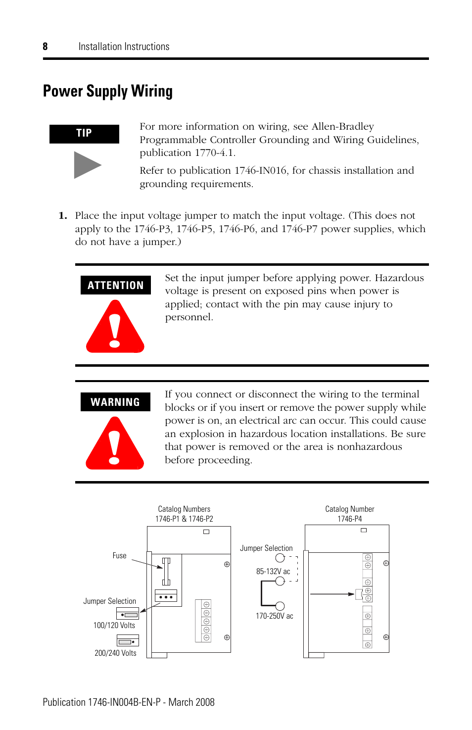 Power supply wiring | Rockwell Automation 1746-Px SLC 500 Power Supplies Installation Instructions User Manual | Page 8 / 20