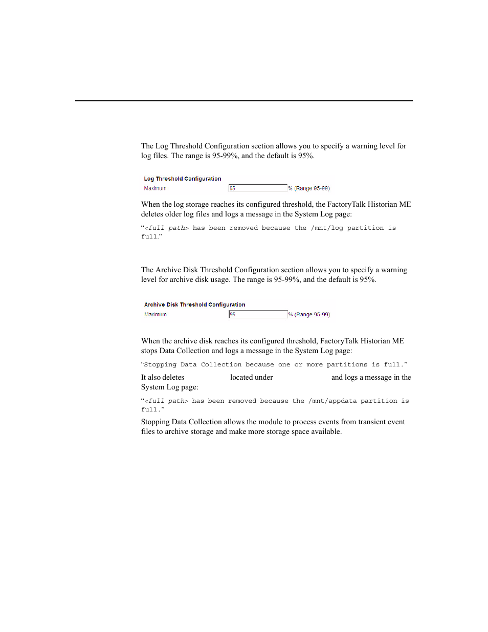 Log threshold configuration, Archive disk threshold configuration | Rockwell Automation 1756-HIST2G Historian ME 2.1  User Manual | Page 110 / 320