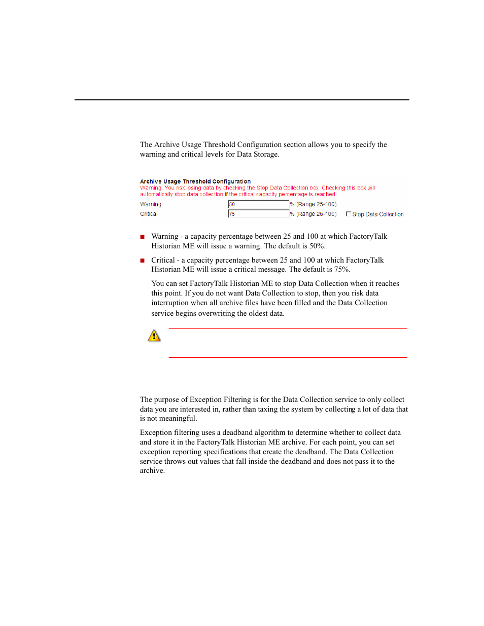 Archive usage threshold configuration, Exception filtering | Rockwell Automation 1756-HIST2G Historian ME 2.1  User Manual | Page 111 / 320