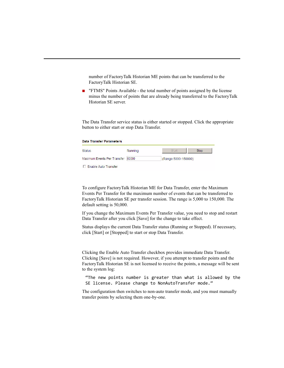 Setting data transfer parameters, Maximum events per transfer, Enable auto transfer | Rockwell Automation 1756-HIST2G Historian ME 2.1  User Manual | Page 124 / 320