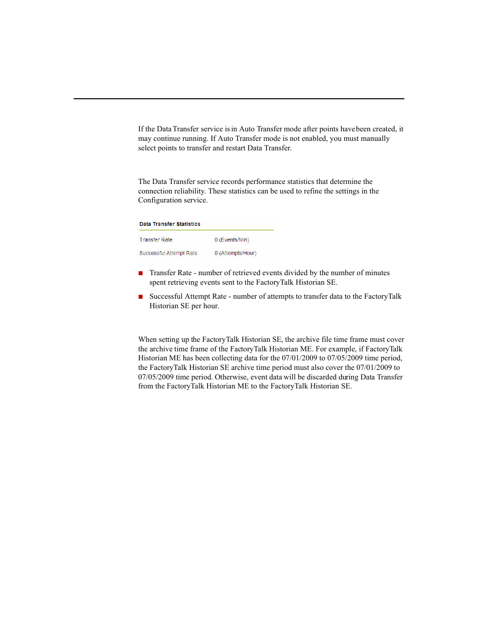 Viewing data transfer statistics, Archive file time span for me-to-se data transfer | Rockwell Automation 1756-HIST2G Historian ME 2.1  User Manual | Page 125 / 320