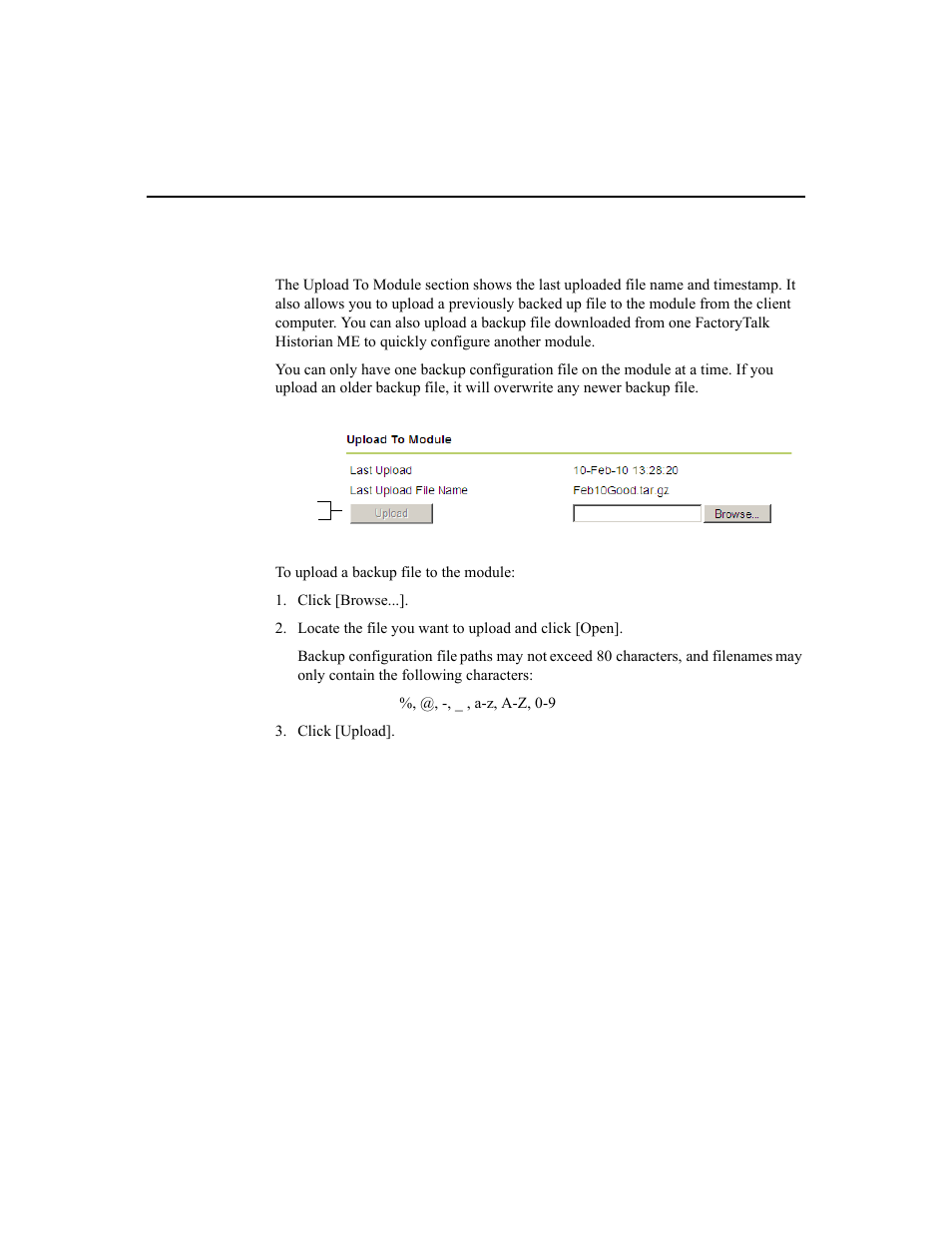 Uploading a backup file to the module | Rockwell Automation 1756-HIST2G Historian ME 2.1  User Manual | Page 149 / 320