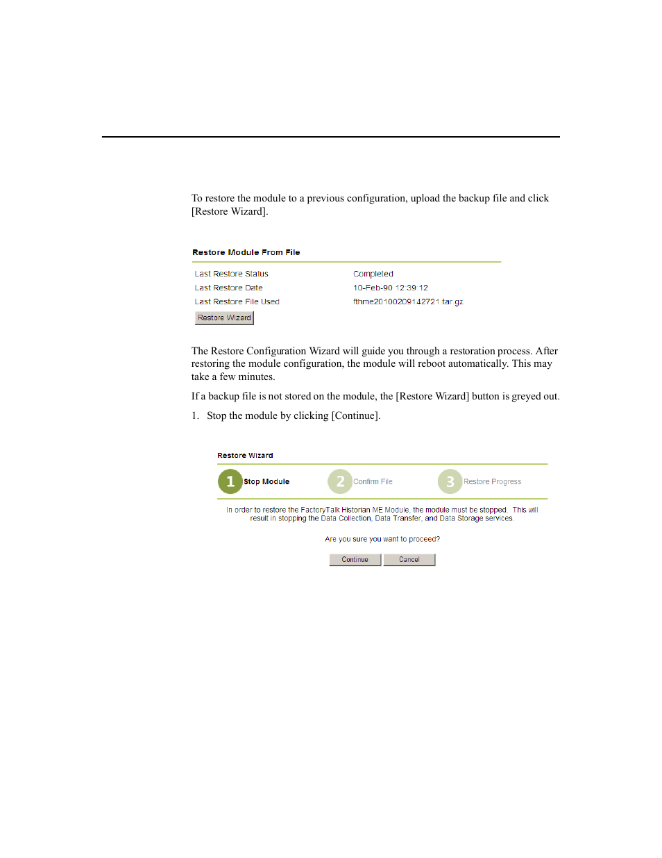 Restoring the module from a backup file | Rockwell Automation 1756-HIST2G Historian ME 2.1  User Manual | Page 150 / 320