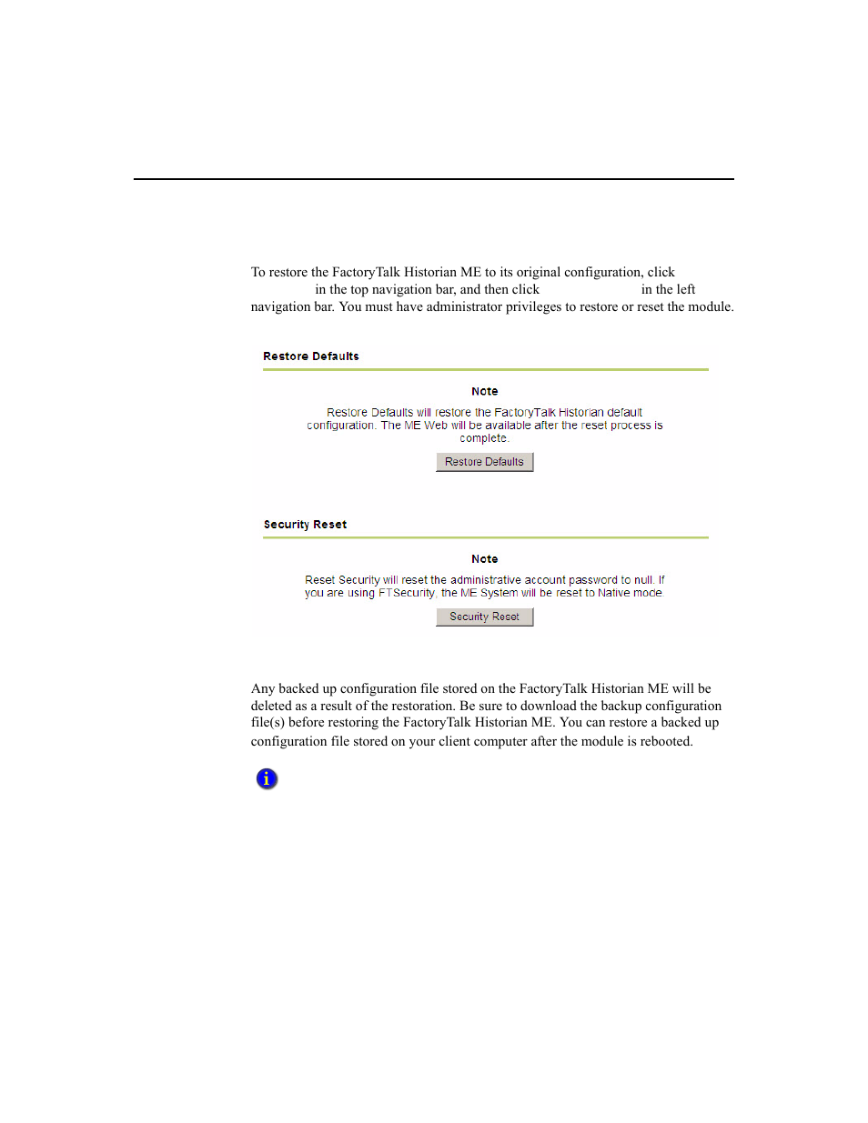Restoring defaults, Retaining backup files | Rockwell Automation 1756-HIST2G Historian ME 2.1  User Manual | Page 159 / 320