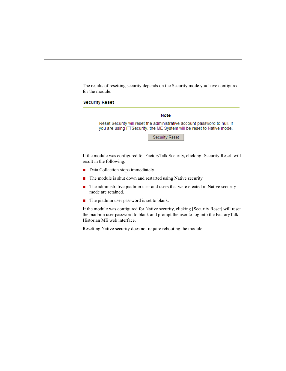 Resetting the security mode | Rockwell Automation 1756-HIST2G Historian ME 2.1  User Manual | Page 161 / 320