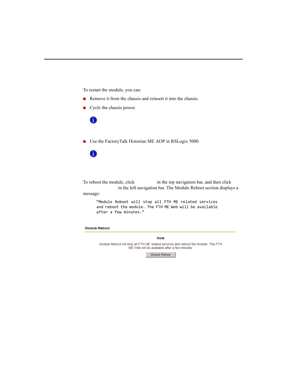 Restarting the module, Rebooting the module | Rockwell Automation 1756-HIST2G Historian ME 2.1  User Manual | Page 163 / 320