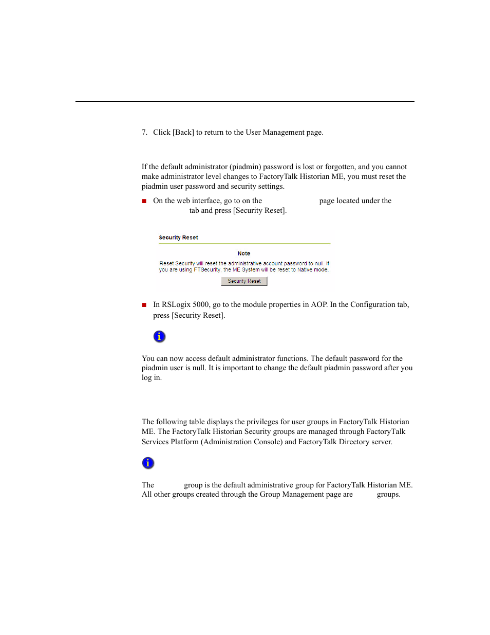 Resetting default admin password, Understanding user privileges | Rockwell Automation 1756-HIST2G Historian ME 2.1  User Manual | Page 173 / 320