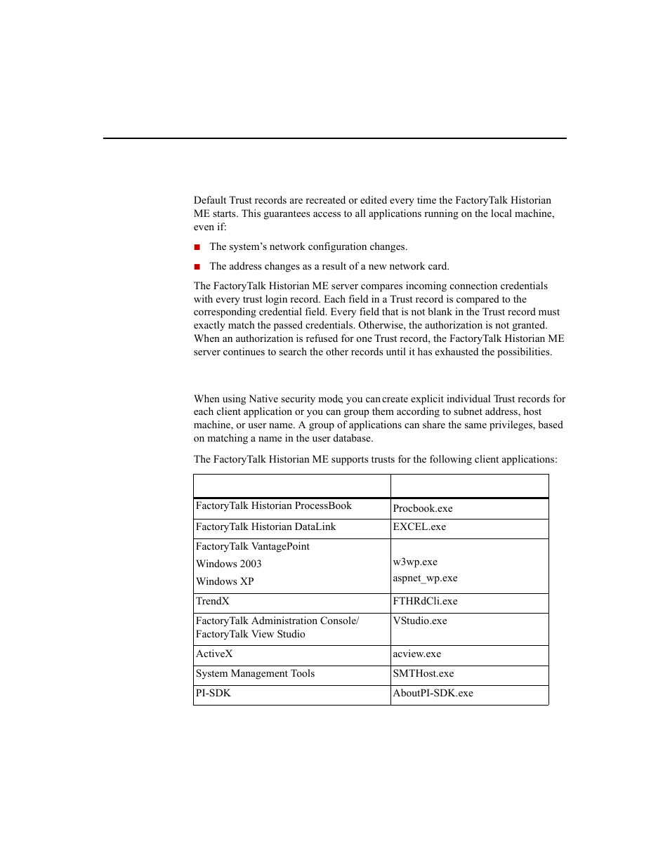 Default trusts, Client application trusts | Rockwell Automation 1756-HIST2G Historian ME 2.1  User Manual | Page 177 / 320