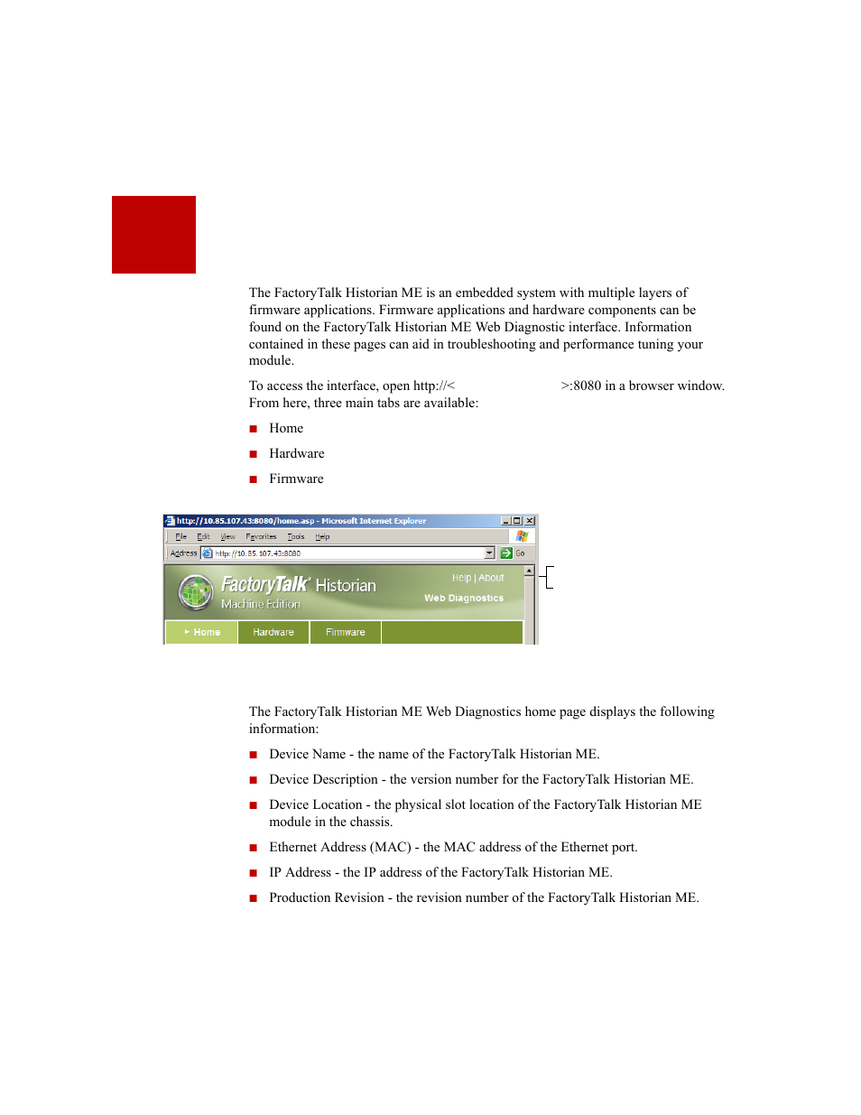 Using web diagnostics, Web diagnostics home, 10• using web diagnostics | Rockwell Automation 1756-HIST2G Historian ME 2.1  User Manual | Page 185 / 320