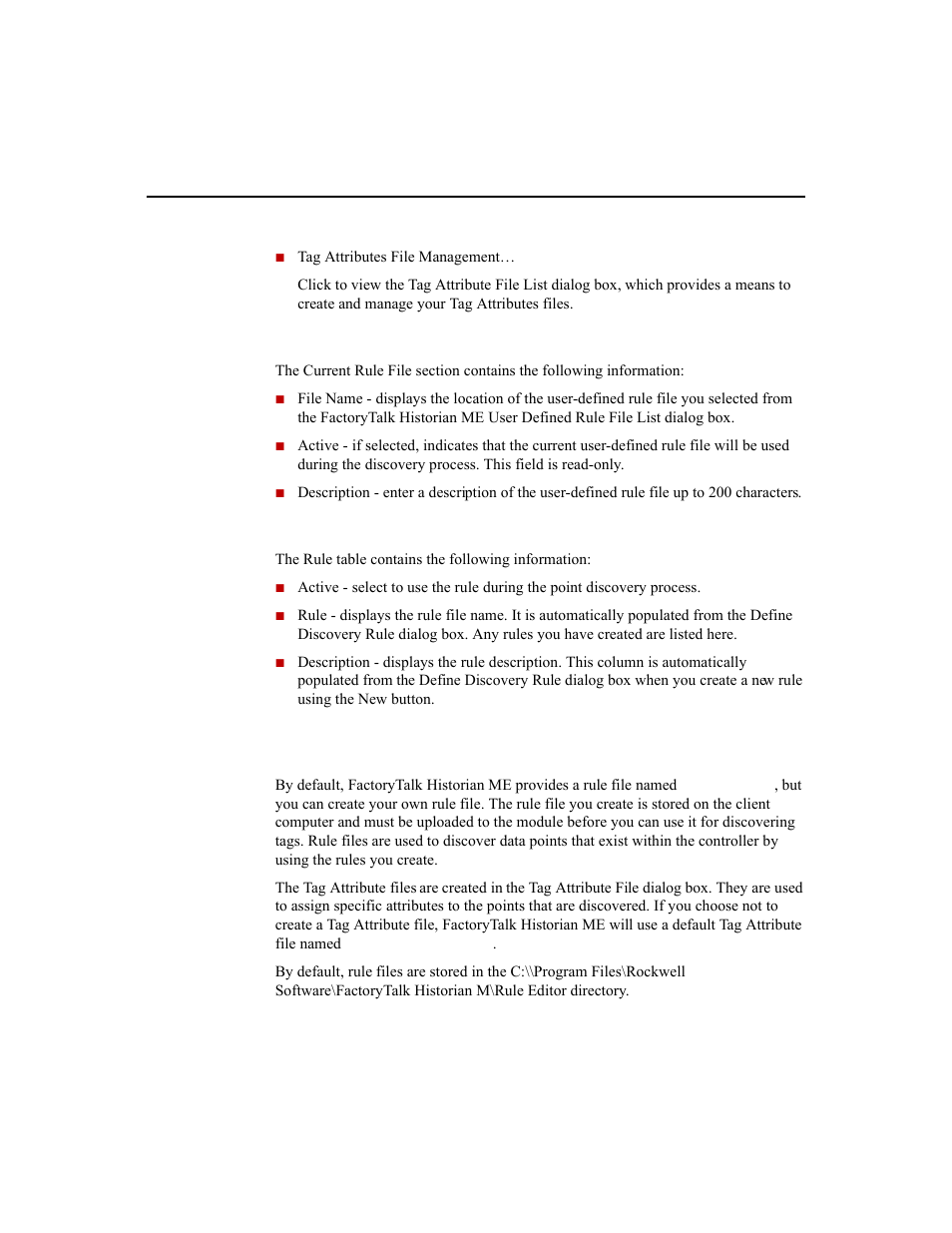 Current rule file settings, Rule table settings, Defining rule files | Rockwell Automation 1756-HIST2G Historian ME 2.1  User Manual | Page 214 / 320