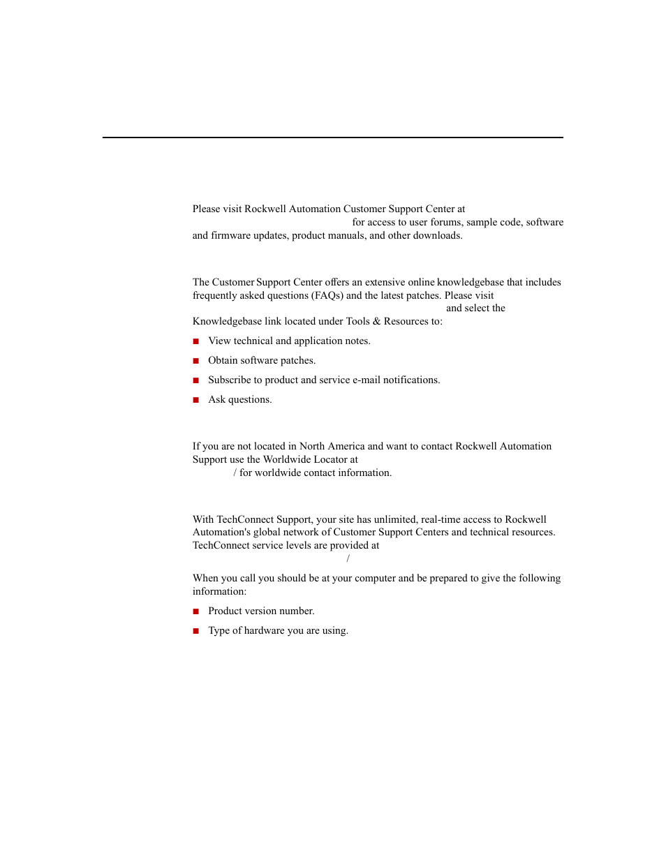 Technical support, Knowledgebase, Worldwide support | Techconnect support | Rockwell Automation 1756-HIST2G Historian ME 2.1  User Manual | Page 25 / 320