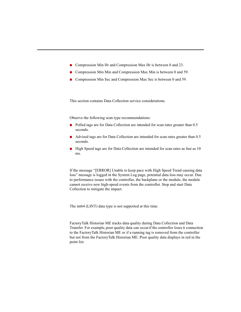 Data collection, Scan types, High speed trend pace error | Data types, Data quality | Rockwell Automation 1756-HIST2G Historian ME 2.1  User Manual | Page 274 / 320