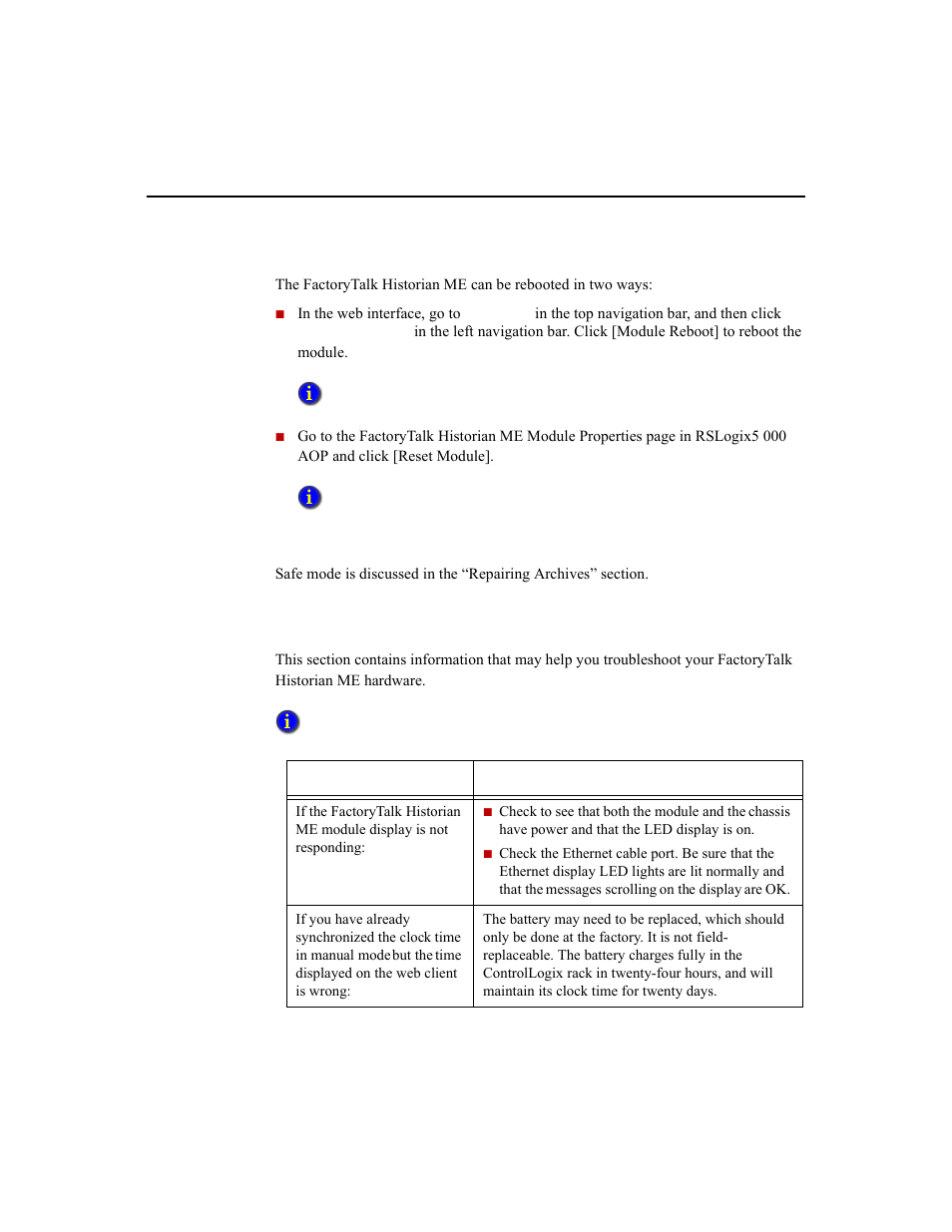 Rebooting the module, Working in safe mode, Hardware issues | Rockwell Automation 1756-HIST2G Historian ME 2.1  User Manual | Page 285 / 320