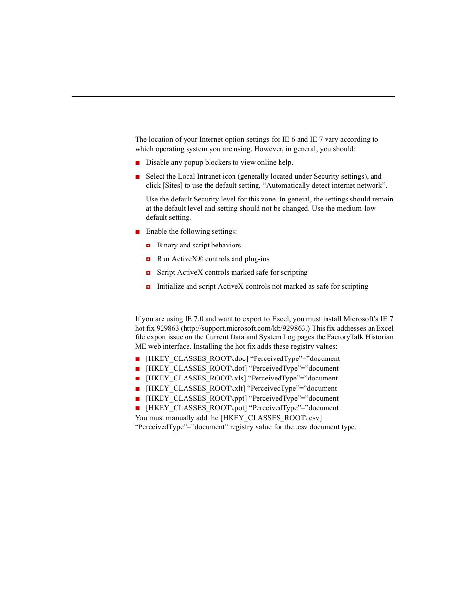 Ie 6 and ie 7 internet options, Ie 7 hot fix | Rockwell Automation 1756-HIST2G Historian ME 2.1  User Manual | Page 29 / 320