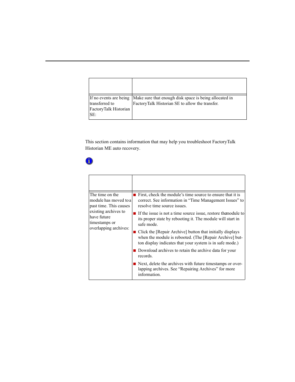 Auto recovery issues | Rockwell Automation 1756-HIST2G Historian ME 2.1  User Manual | Page 297 / 320