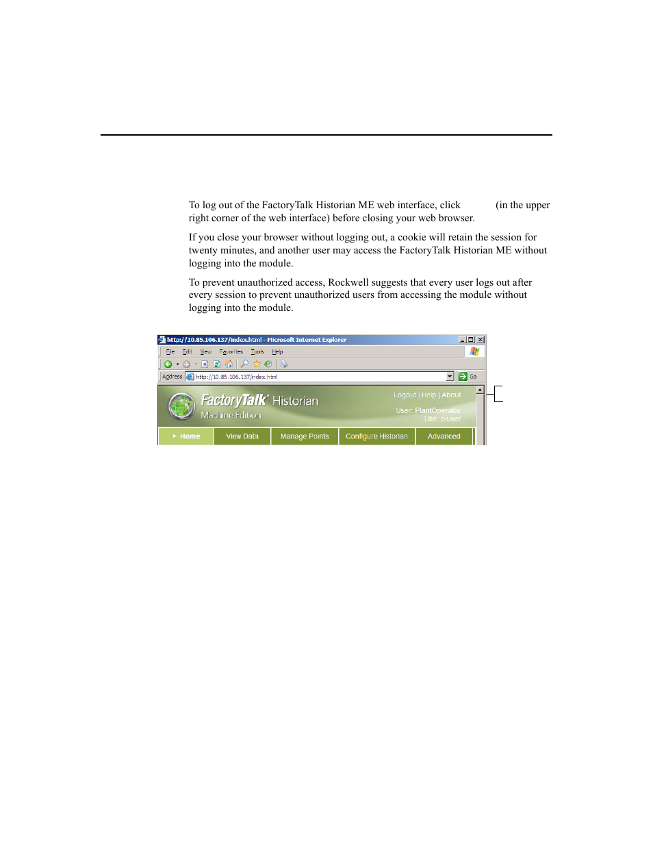 Logging out of the factorytalk historian me | Rockwell Automation 1756-HIST2G Historian ME 2.1  User Manual | Page 42 / 320