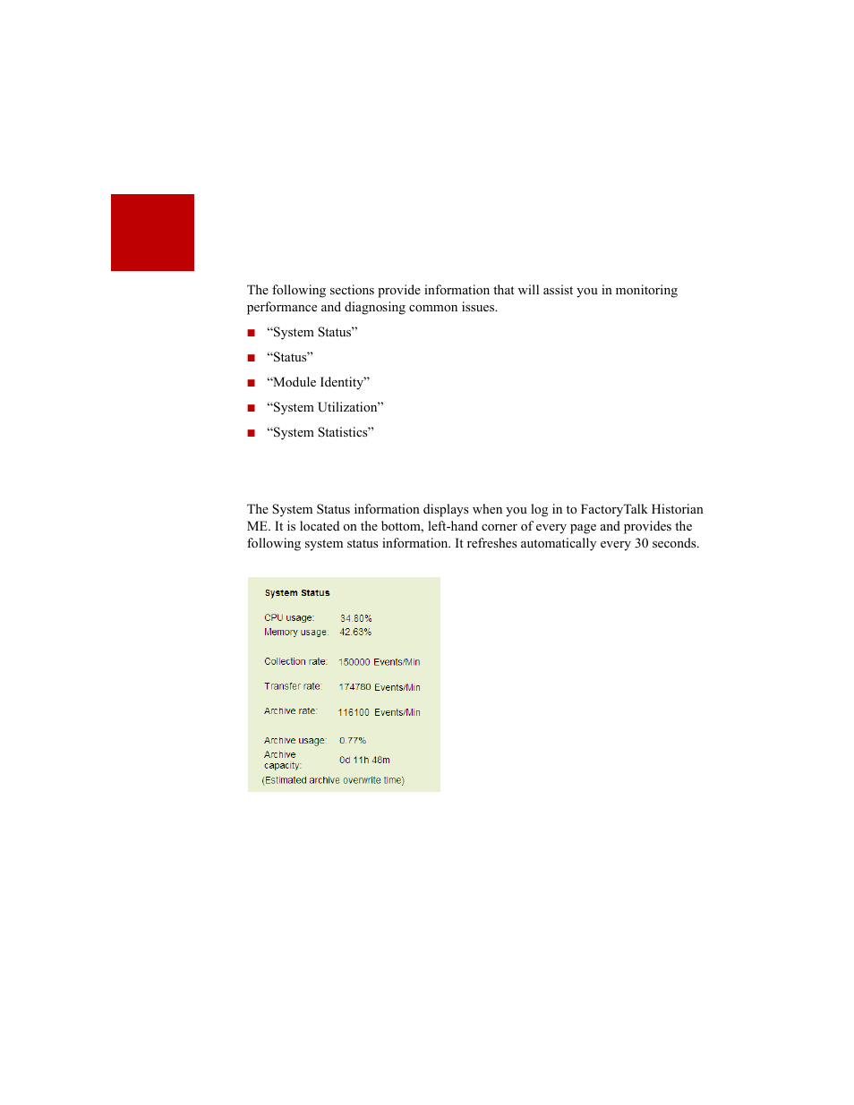 Viewing module information, System status, 3 • viewing module information | Rockwell Automation 1756-HIST2G Historian ME 2.1  User Manual | Page 43 / 320