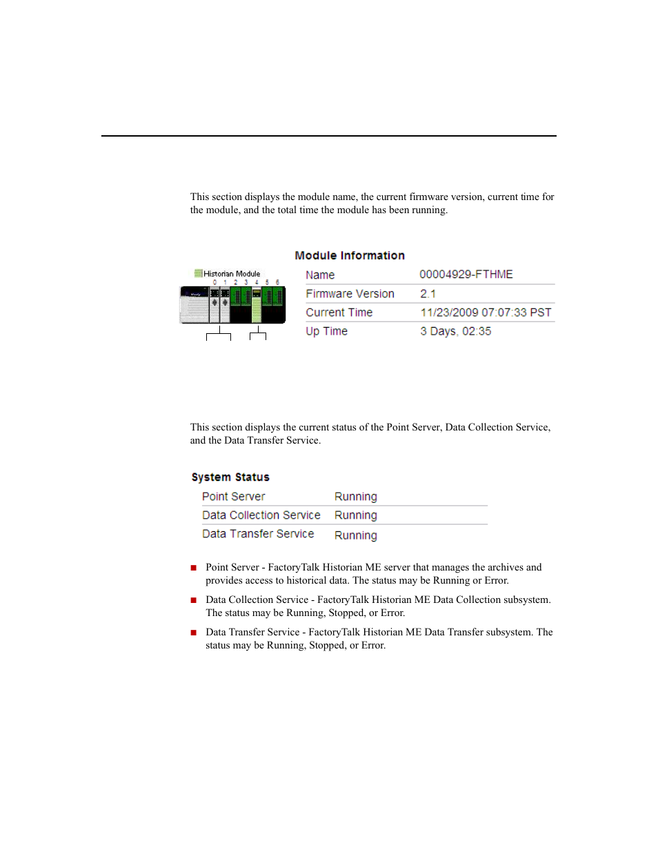 Module information, System status | Rockwell Automation 1756-HIST2G Historian ME 2.1  User Manual | Page 45 / 320