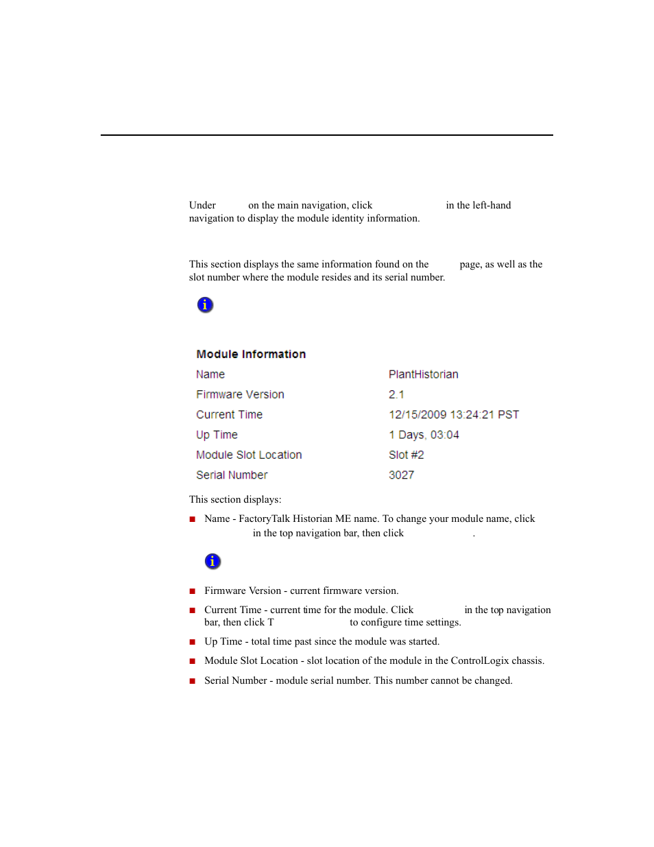 Module identity, Module information | Rockwell Automation 1756-HIST2G Historian ME 2.1  User Manual | Page 47 / 320