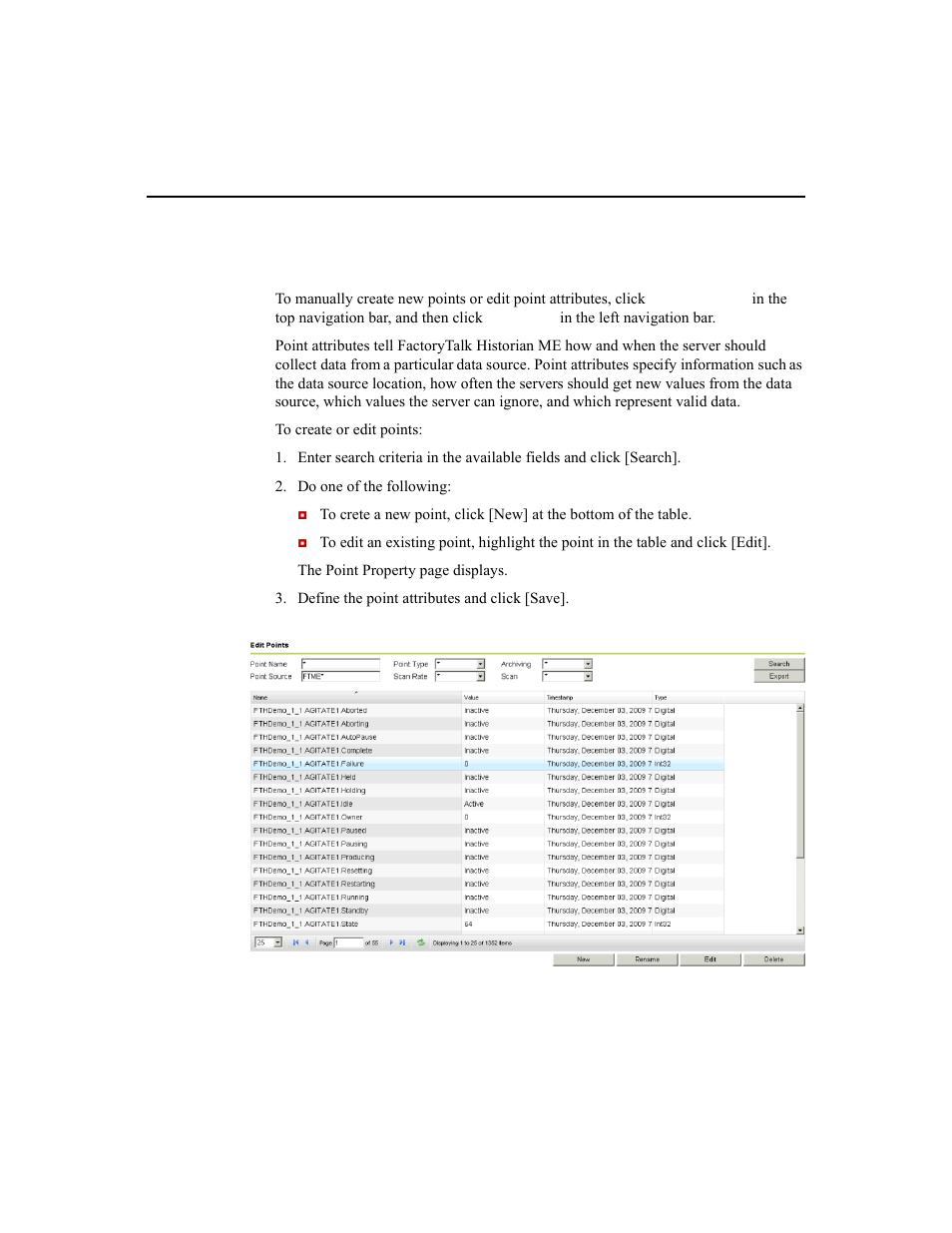 Manually creating and editing points | Rockwell Automation 1756-HIST2G Historian ME 2.1  User Manual | Page 88 / 320